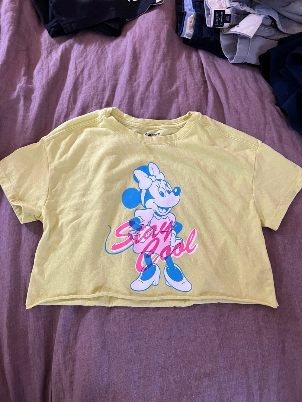 Old Navy Yellow Minnie Mouse Cropped Tee with Pink & Blue Graphic